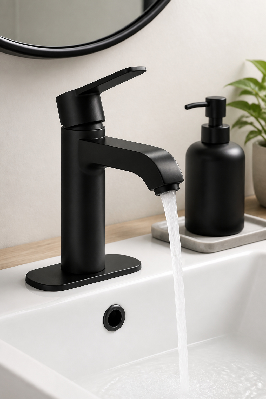 A matte black centerset faucet replaces a dated brass one in under an hour — the kind of upgrade that changes the perceived age of the entire vanity.