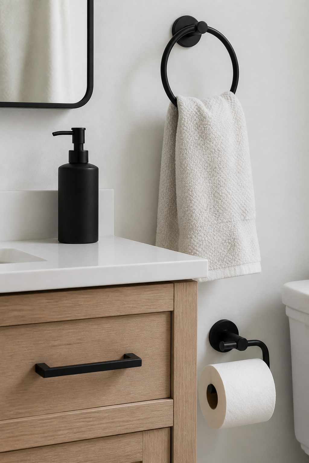Coordinating hardware in a single finish — here, matte black — creates the kind of deliberate design cohesion that makes a budget bathroom look professionally styled.