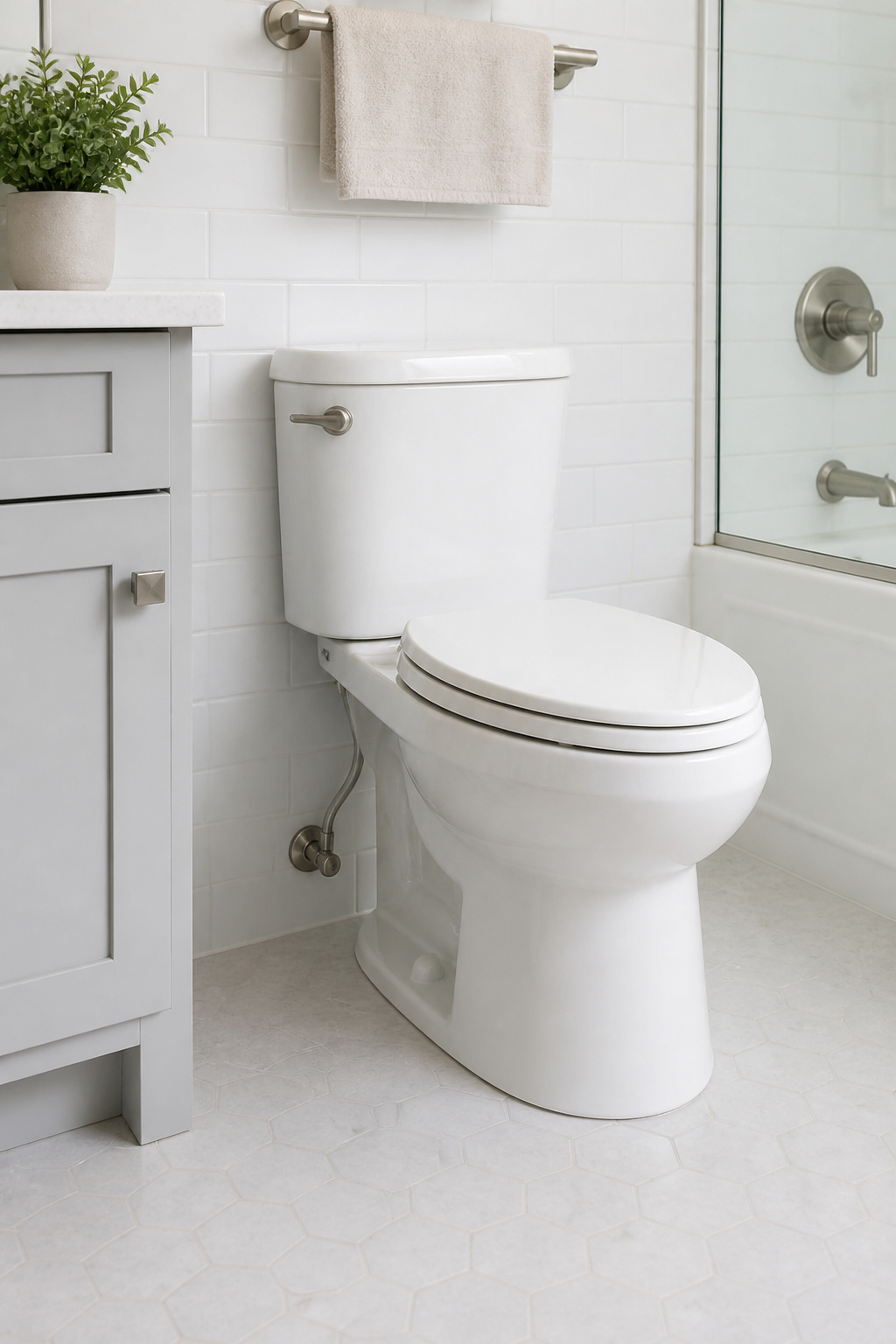 A new low-flow toilet with a quality soft-close seat — a weekend replacement project that saves water, eliminates a dated fixture, and costs less than most people expect.
