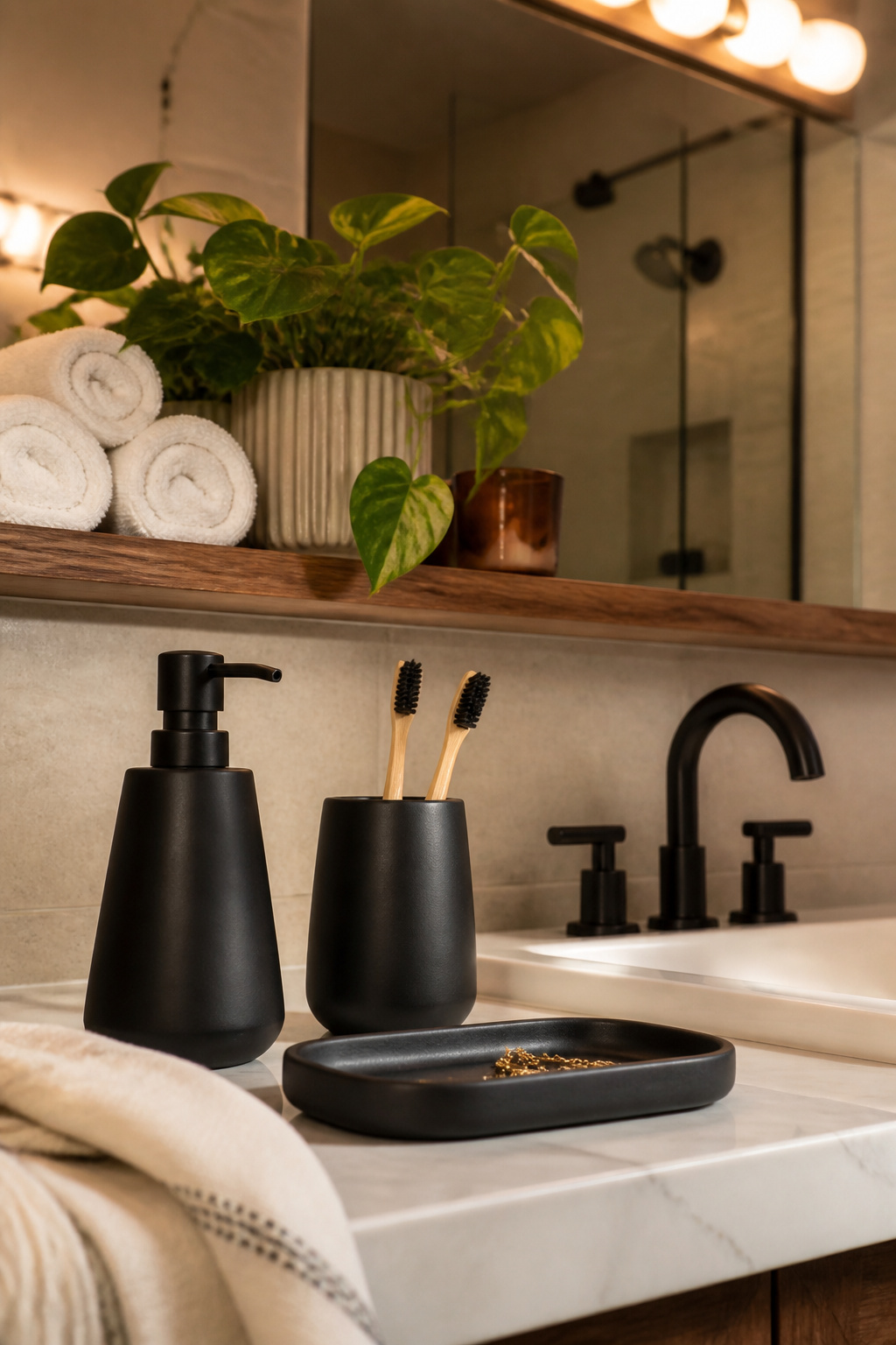 A coordinated accessory set, quality towels, and a single plant on the counter — the $50-100 final step that tells the whole bathroom the renovation is complete.
