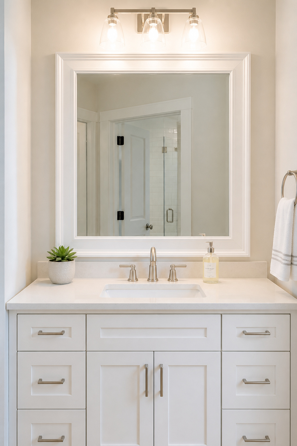 Adding a simple wood trim frame to a standard clip-mount mirror — a weekend project for about $40 in materials — completely changes how the mirror reads in the room.