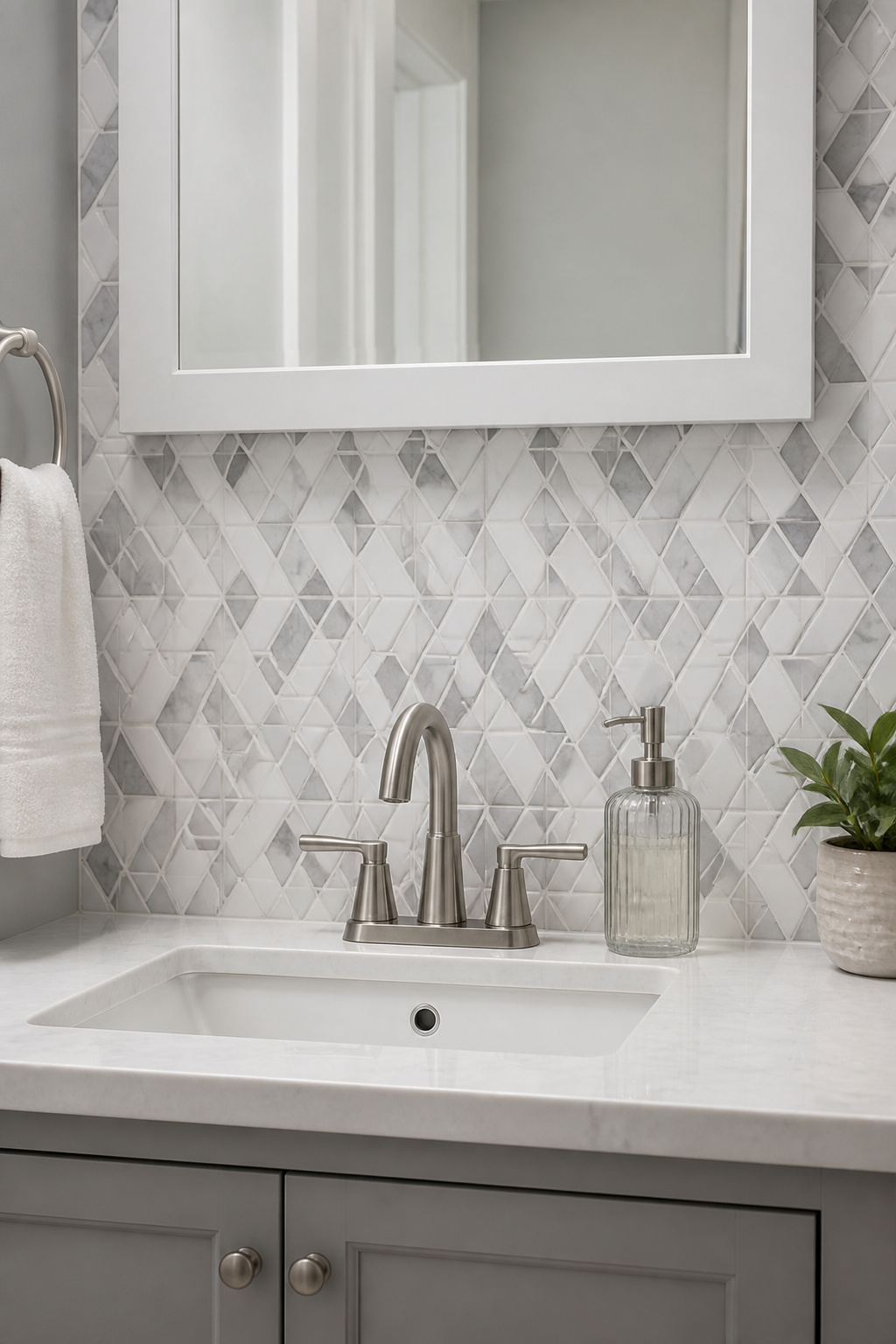 Premium peel-and-stick tile on a vanity backsplash delivers the look of real mosaic for under $60 in materials — with no grout, no mortar, and no contractor.