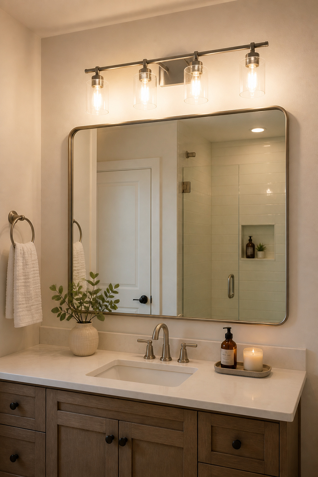 A new four-light vanity bar with warm-toned LEDs transforms the quality of light in the entire bathroom — making the mirror more useful and the room itself more welcoming.