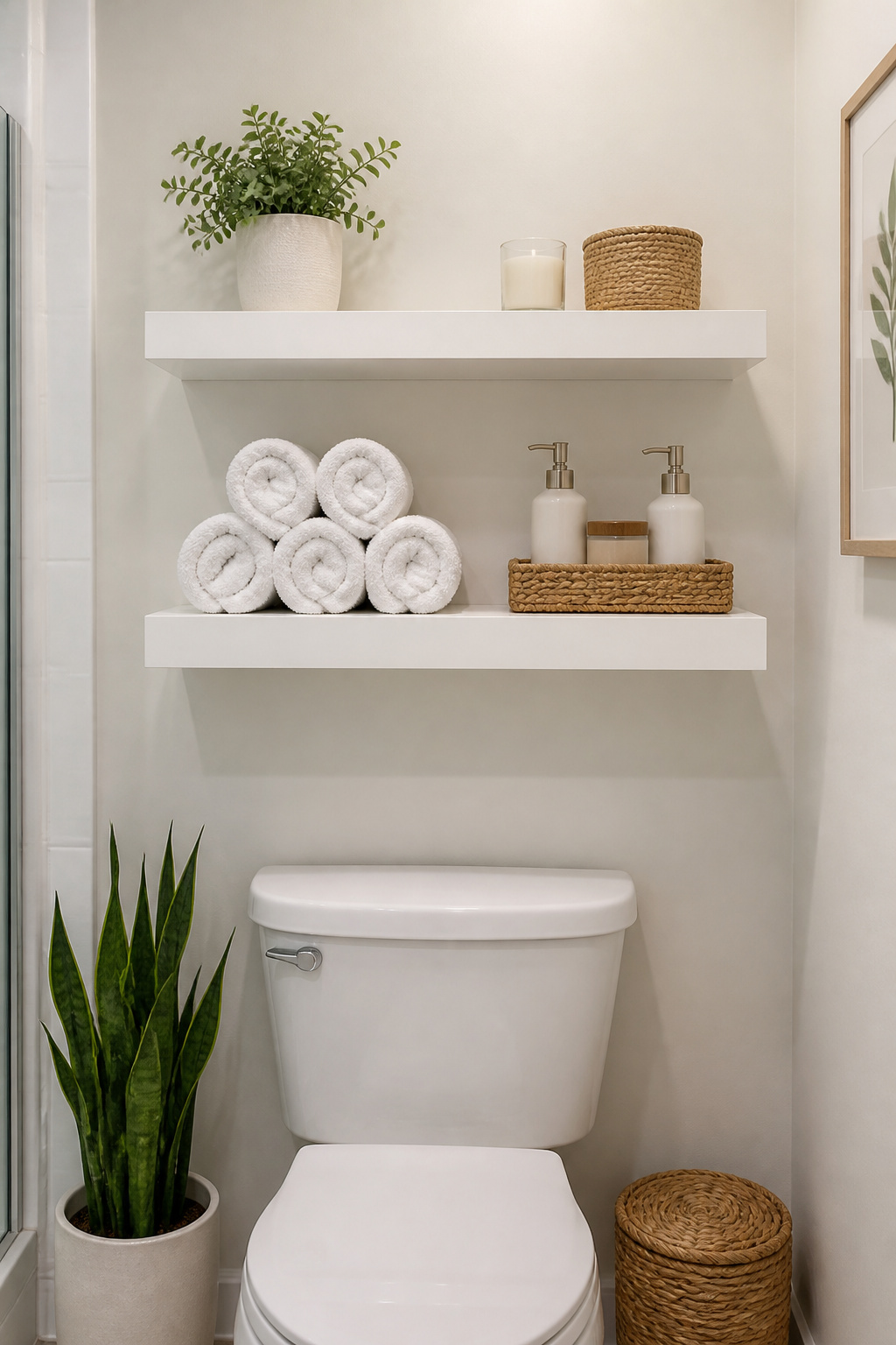 Two floating shelves in the above-toilet zone add meaningful storage and visual interest without touching any tile or plumbing — one afternoon of work.