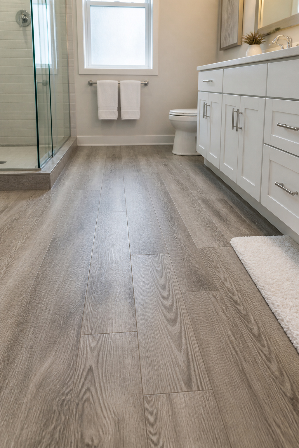 Luxury vinyl plank flooring installed over existing tile in a single weekend — warm grey tones, realistic wood texture, and zero grout to ever clean.