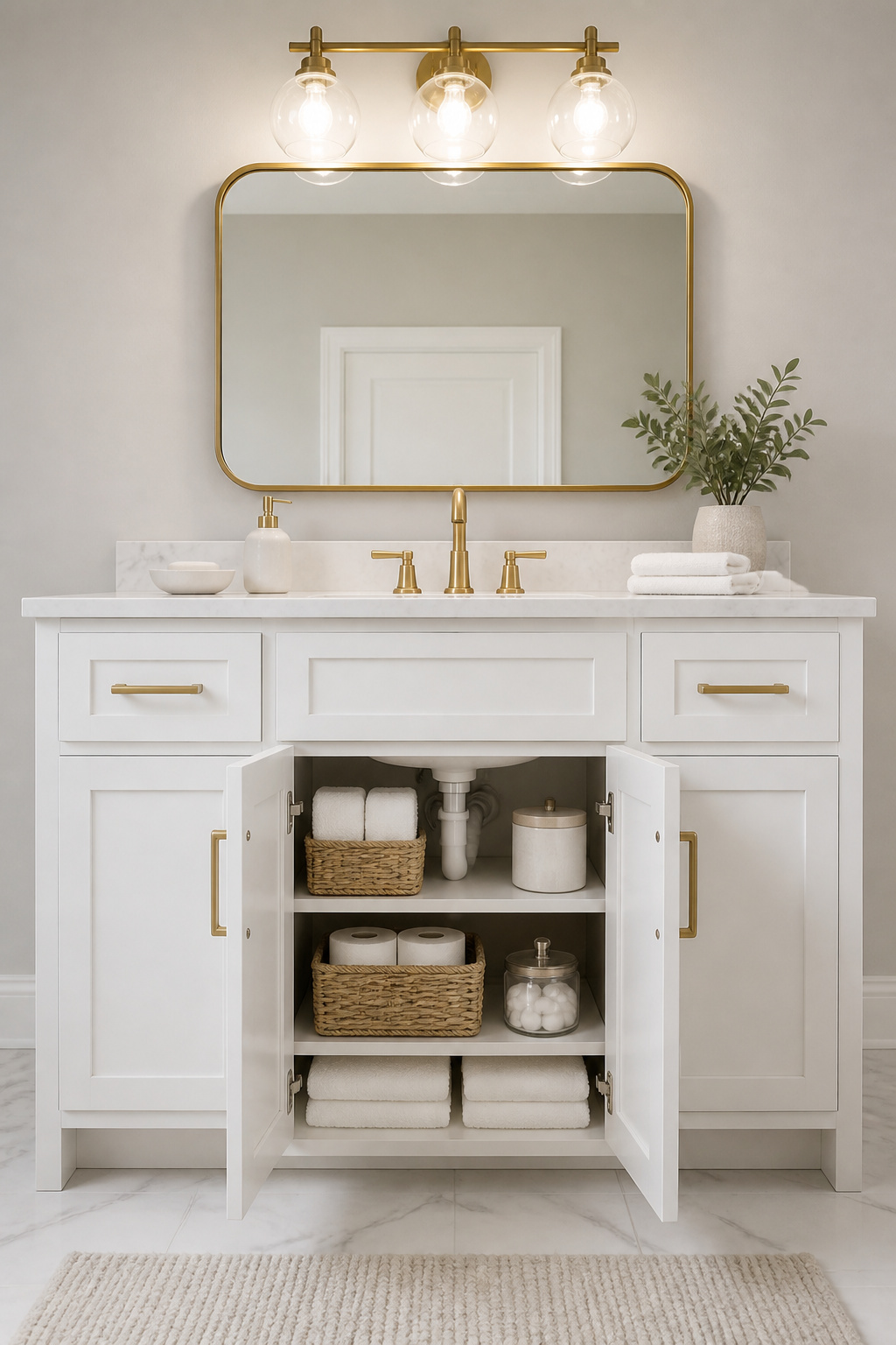 Replacing just the cabinet doors gives this vanity a completely new face for a fraction of the cost of a full replacement — the box is identical, the look is completely transformed.