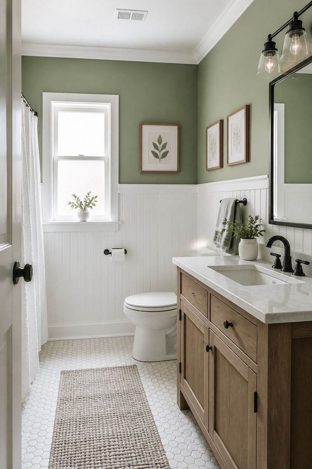 PVC beadboard wainscoting to 48 inches adds architectural character to a builder-basic bathroom — and because it is PVC, it will outlast any humidity the room can throw at it.