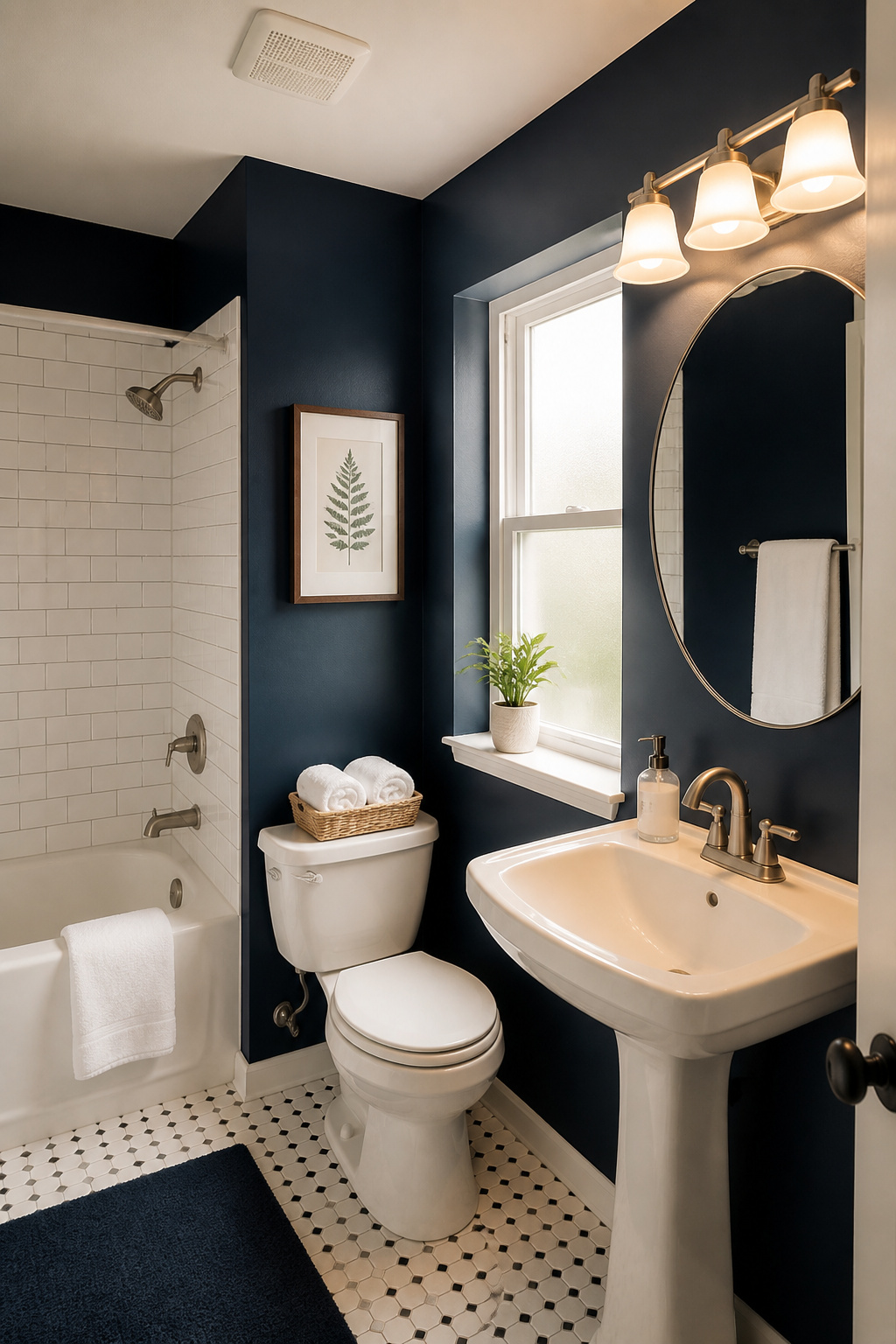 A deep navy paint transforms a standard small bathroom into a space that feels intentional and polished — proof that bold color in a small room can actually make it feel larger.