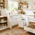 An organized kitchen interior showing multiple cabinet types — corner lazy Susan, upper shelf risers, and a pegboard drawer insert — all visible at once in a bright, achievable real-home style.