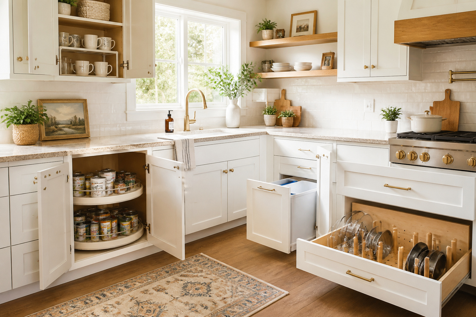 An organized kitchen interior showing multiple cabinet types — corner lazy Susan, upper shelf risers, and a pegboard drawer insert — all visible at once in a bright, achievable real-home style.