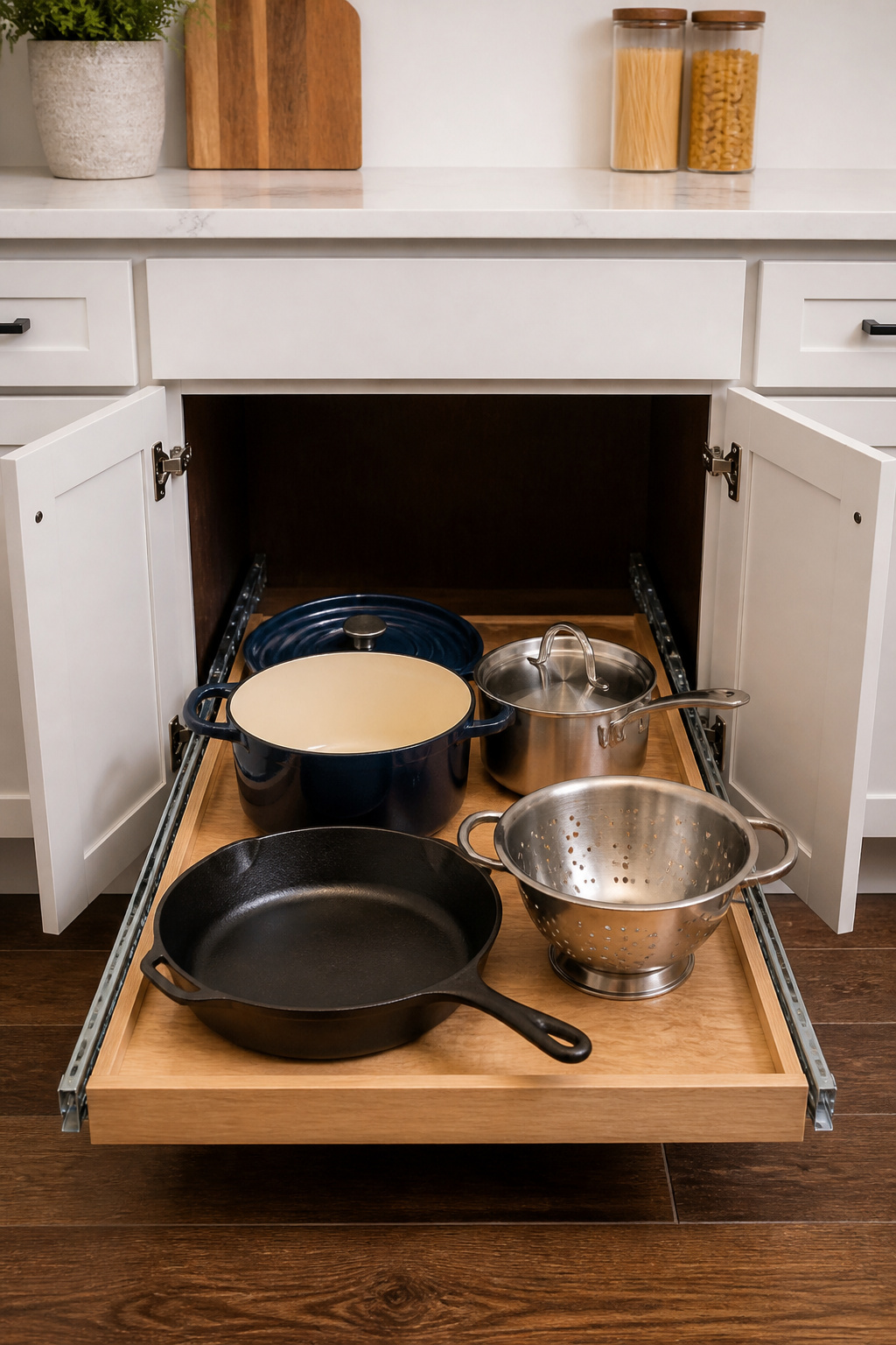 A hardwood roll-out shelf fully extended from a base cabinet brings a cast iron skillet, Dutch oven, and saucepan completely forward — the kitchen upgrade that changes daily cooking.