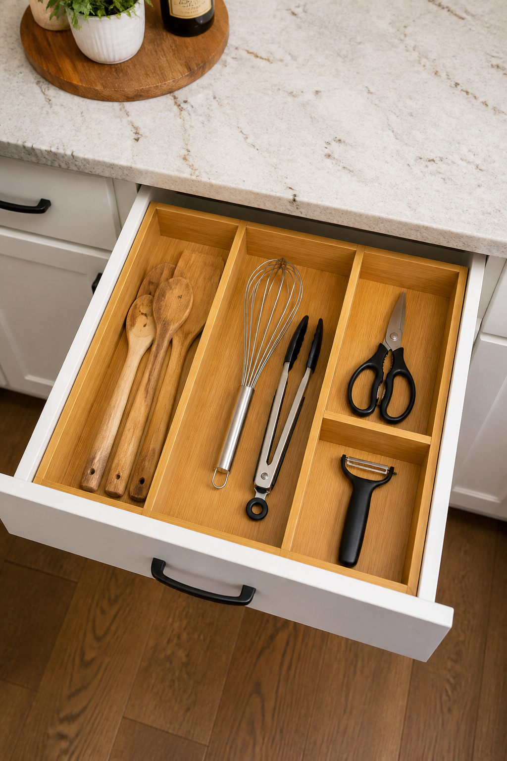 A bamboo expandable drawer organizer fitted inside a kitchen drawer with utensils sorted neatly into designated compartments — no more digging.