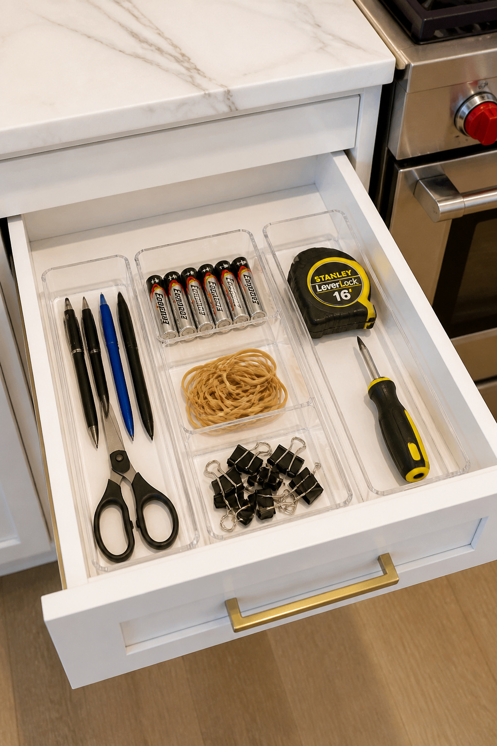 Clear acrylic modular tray set in a kitchen junk drawer creating distinct zones for pens, batteries, and small tools — visible, accessible, and actually staying organized.