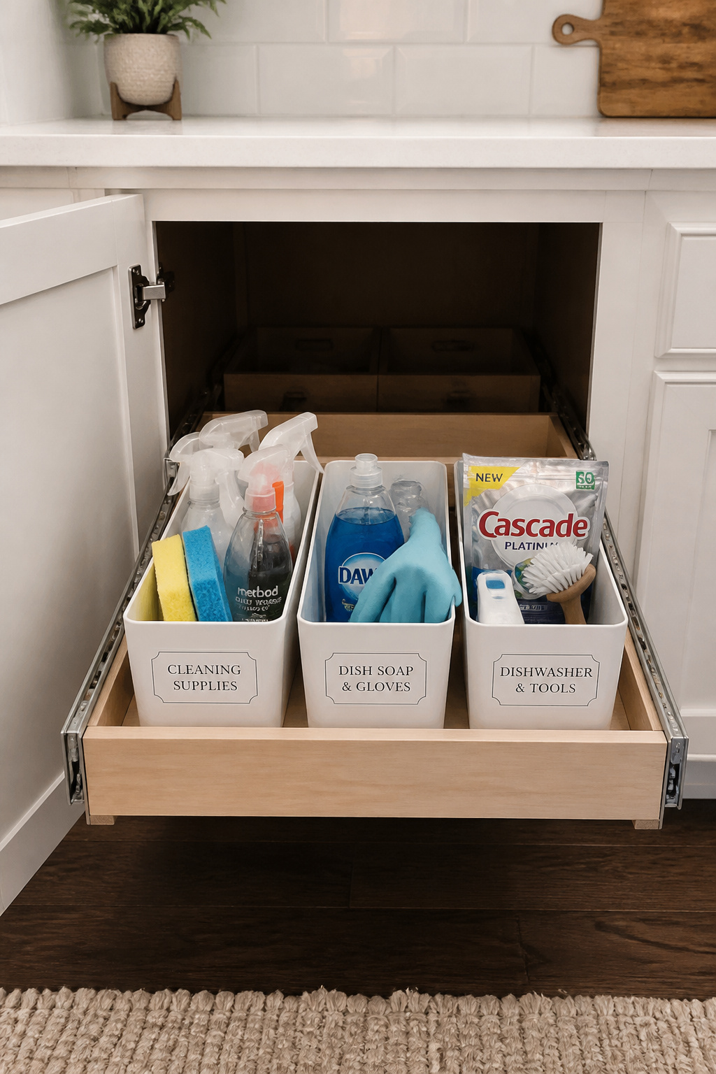 A pull-out shelf fully extended from a base cabinet brings under-sink cleaning supplies completely out into the light — no more hand-and-knees cabinet archaeology.