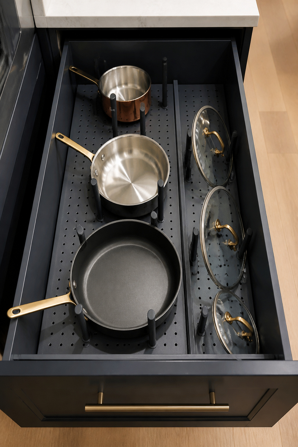 A pegboard drawer insert with adjustable pegs gives each pot and pan its own designated slot in a deep kitchen drawer, with lids stored vertically alongside.