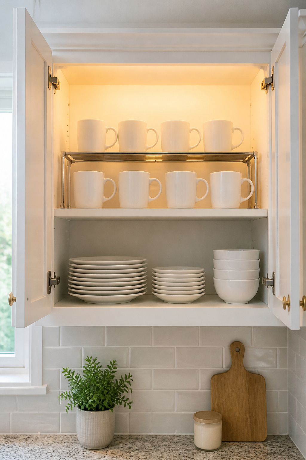 An upper kitchen cabinet showing an expandable metal shelf riser creating two visible tiers of mugs — both rows fully accessible instead of awkwardly stacked.