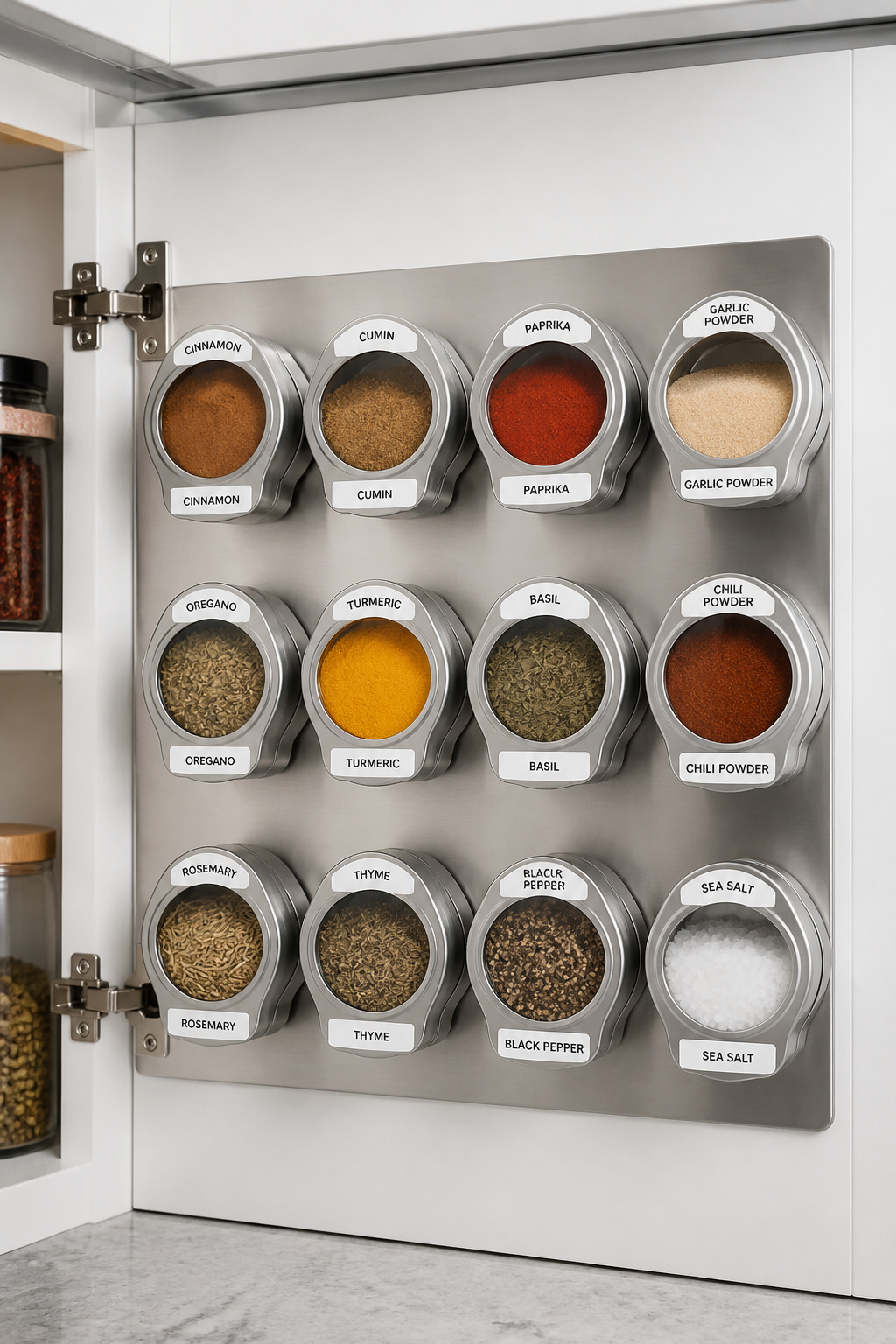 Twelve magnetic spice tins arranged on a stainless mounting board inside a kitchen cabinet — each labelled on the front and top lid, all contents visible at a glance.
