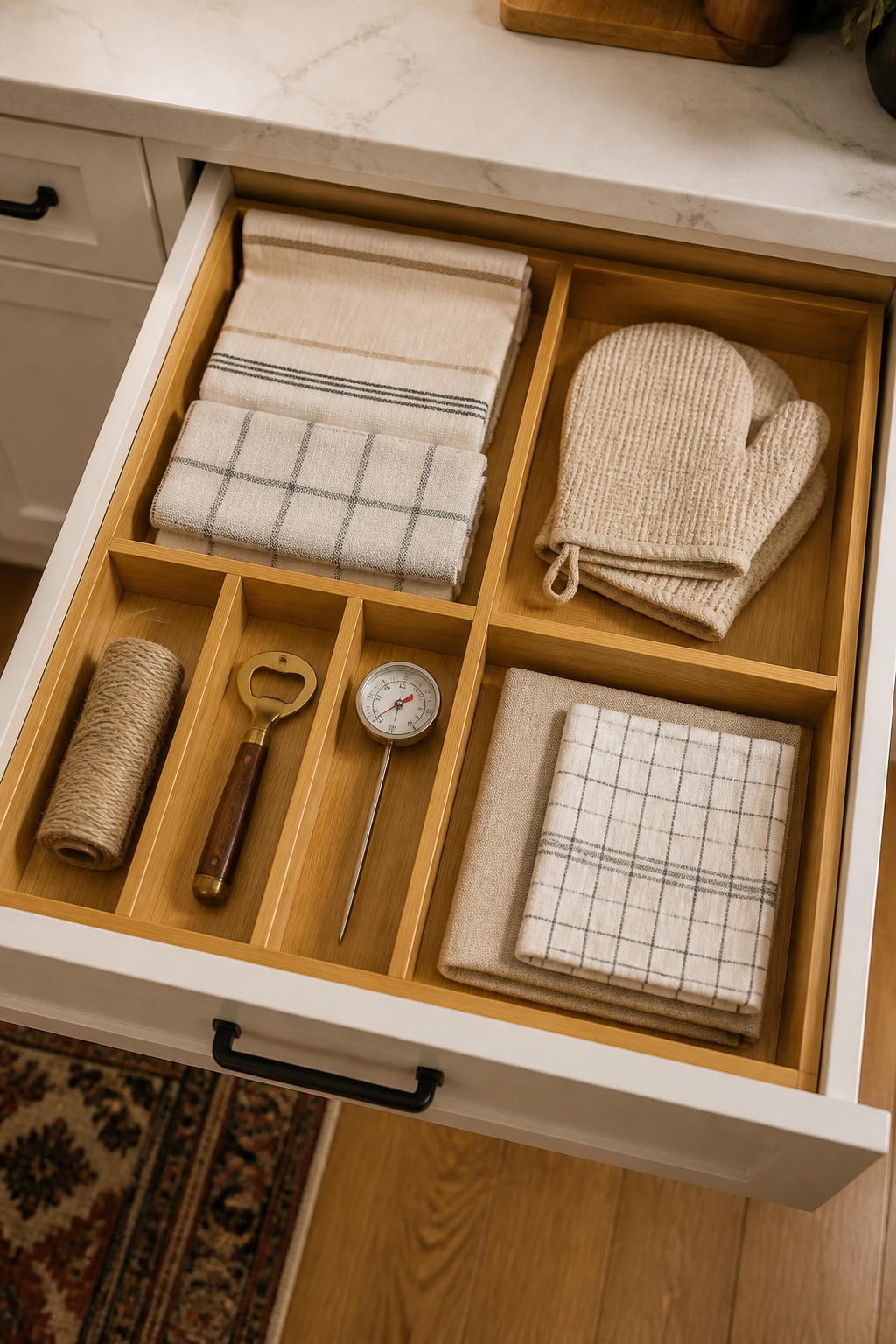 Natural bamboo expandable drawer dividers creating a neat four-section grid in a kitchen utility drawer — linens, tools, and cloths each in their own lane.
