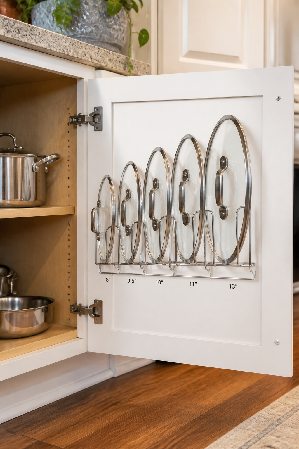 A chrome wire lid holder mounted on the inside of a cabinet door stores five pot lids vertically by size — clearing drawer space entirely while keeping lids accessible.