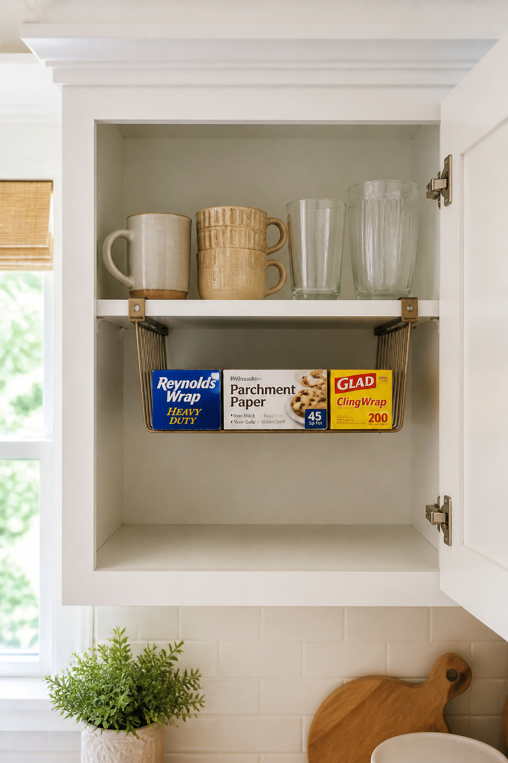 A wire clip-on under-shelf basket holds foil, parchment, and plastic wrap boxes suspended below an upper cabinet shelf — using 4 inches of previously empty air.