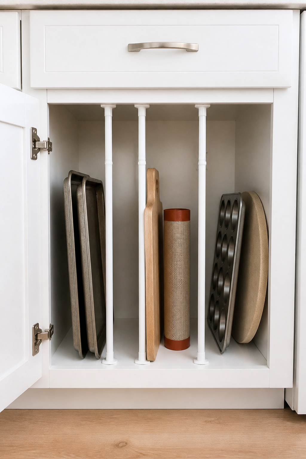 Four tension rods installed vertically inside a base cabinet create neat individual slots for baking sheets, a cutting board, and a muffin tin — a $10 hack that replaces a frustrating pile.