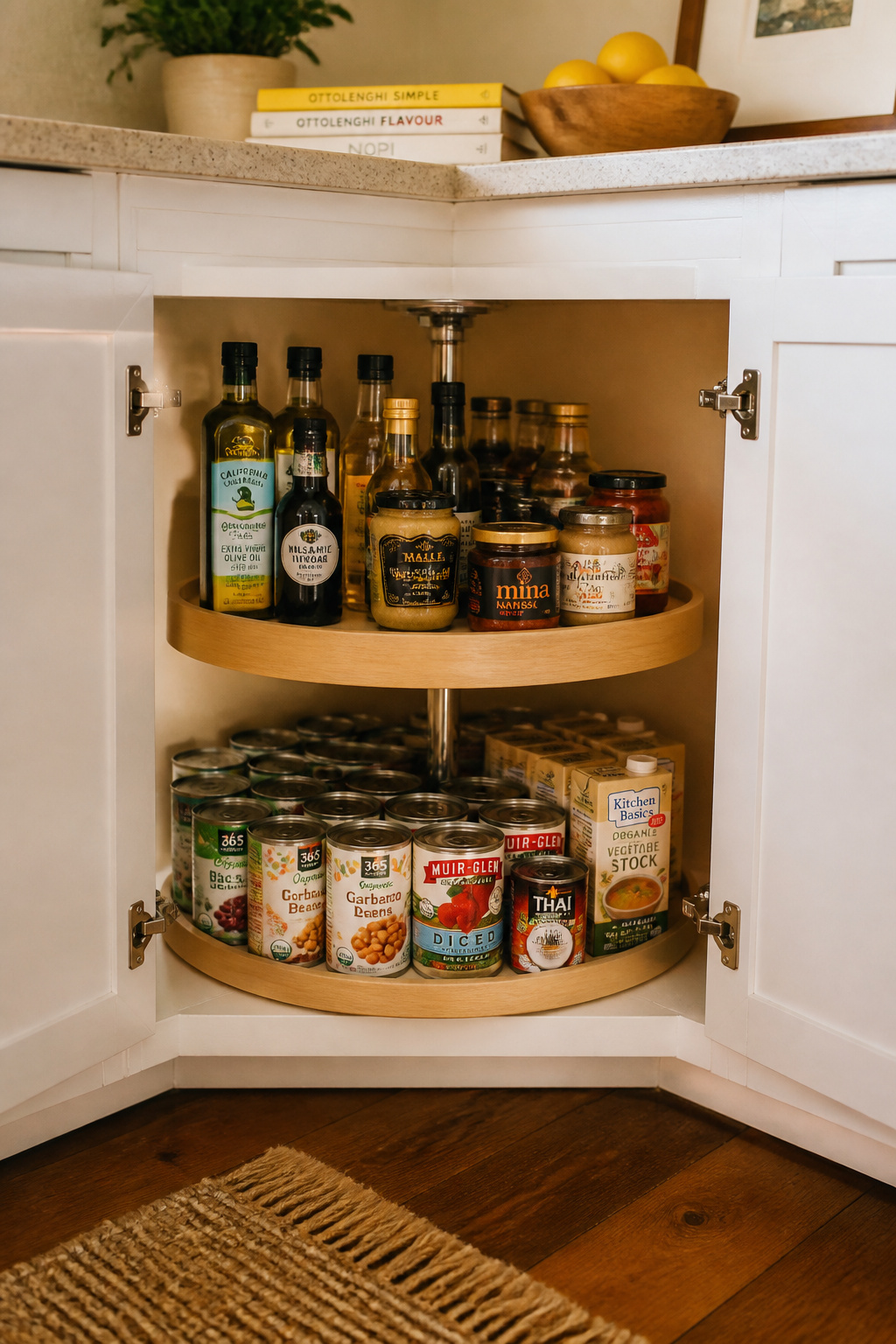 A two-tier lazy Susan turntable inside an open corner base cabinet, making previously inaccessible canned goods and bottles fully reachable with a single spin.