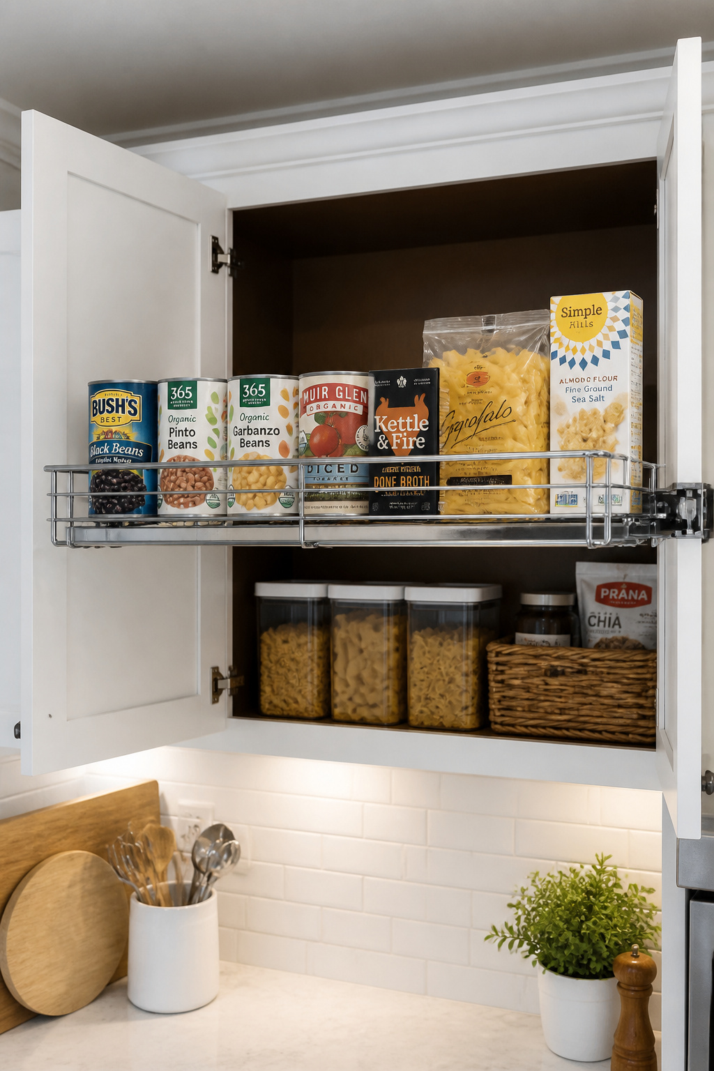 A chrome wire pull-out basket fully extended from an upper kitchen cabinet reveals canned goods, pasta, and crackers all visible at a glance without reaching to the back.