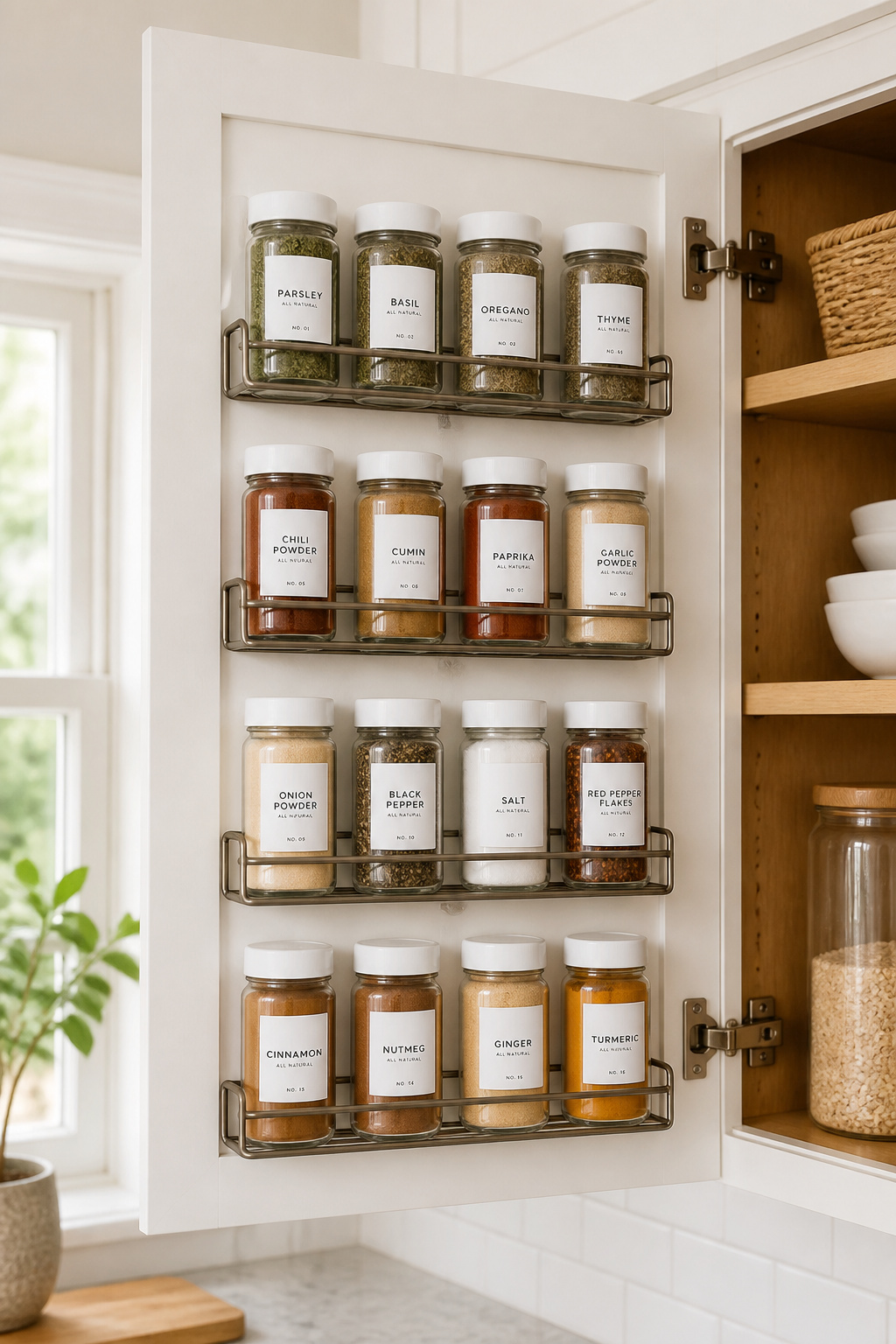 An adhesive door-mounted spice rack holding 16 labelled spice jars on the inside of a white cabinet door, freeing up an entire interior shelf.