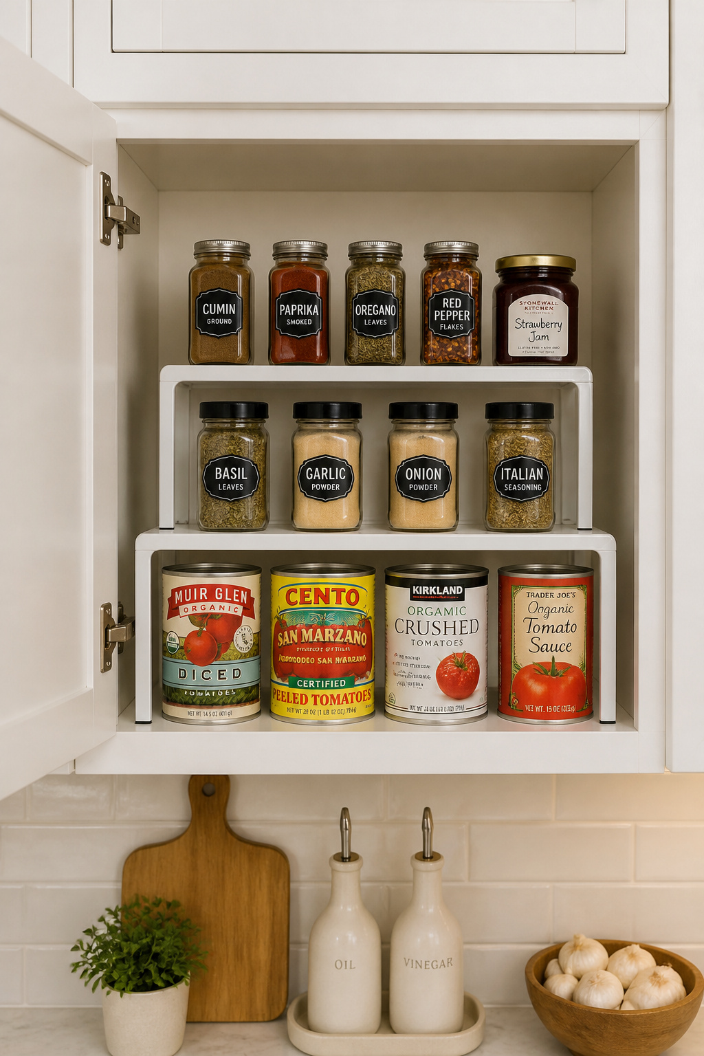 A 3-tier step shelf organizer displays three rows of canned goods and spice jars with every label visible at a glance — no more digging to find what's at the back.