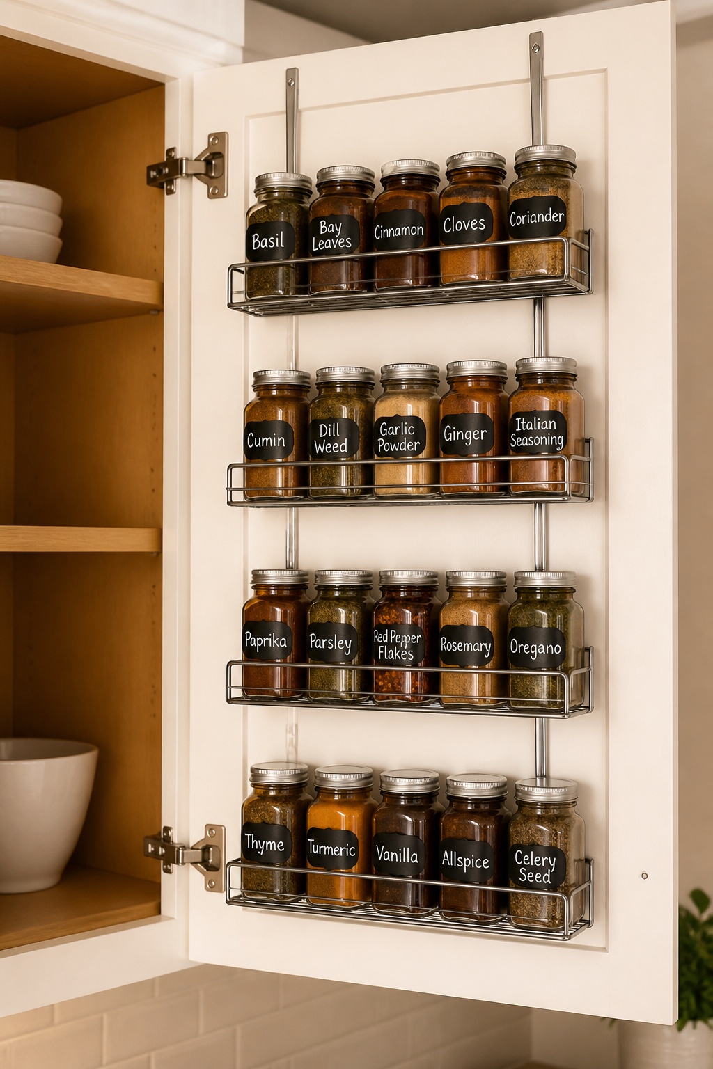 A 4-tier door-mounted spice rack holding 20 brown glass spice jars on the inside of a kitchen cabinet door — freeing an entire interior shelf while keeping all spices label-outward.
