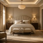 A master bedroom where architectural layering, warm neutral palette, and considered proportion come together — the principles of great bedroom design inspiration made tangible.