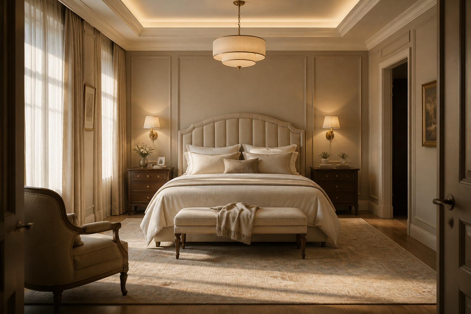 A master bedroom where architectural layering, warm neutral palette, and considered proportion come together — the principles of great bedroom design inspiration made tangible.