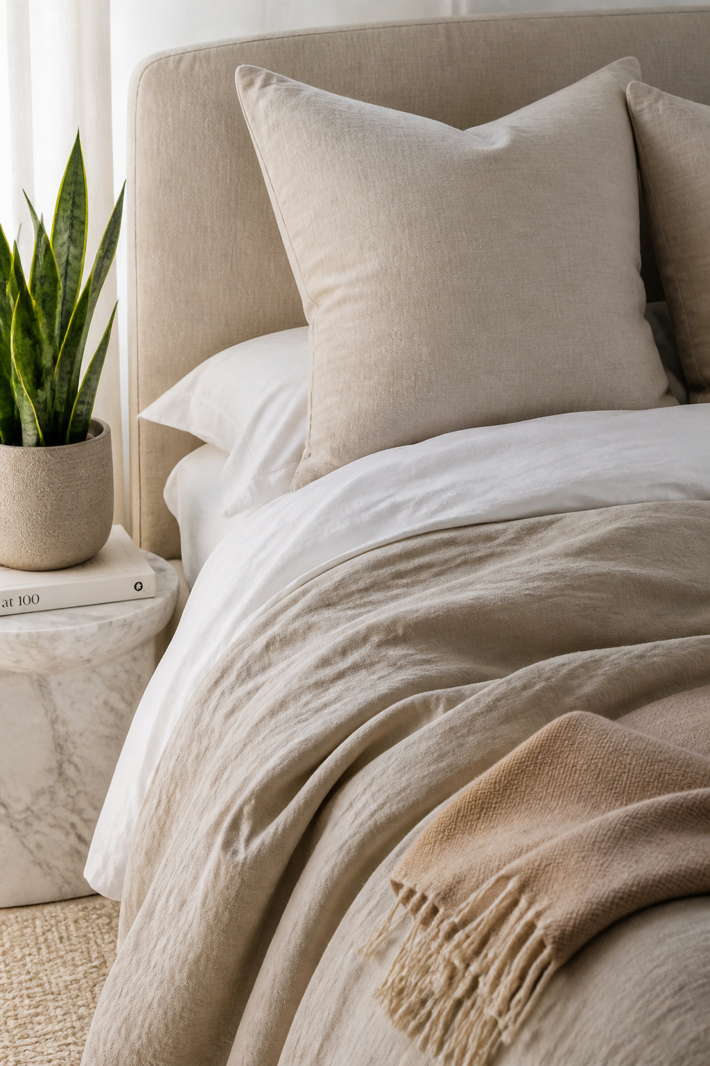 Layered natural textiles — percale sheets, sateen coverlet, and cashmere throw — create tactile complexity that reads as considered rather than expensive.