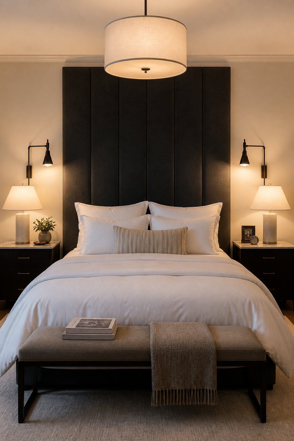 A correctly proportioned upholstered headboard — 2-4 inches wider than the mattress, height calibrated to wall proportion — sets the entire room's design register.