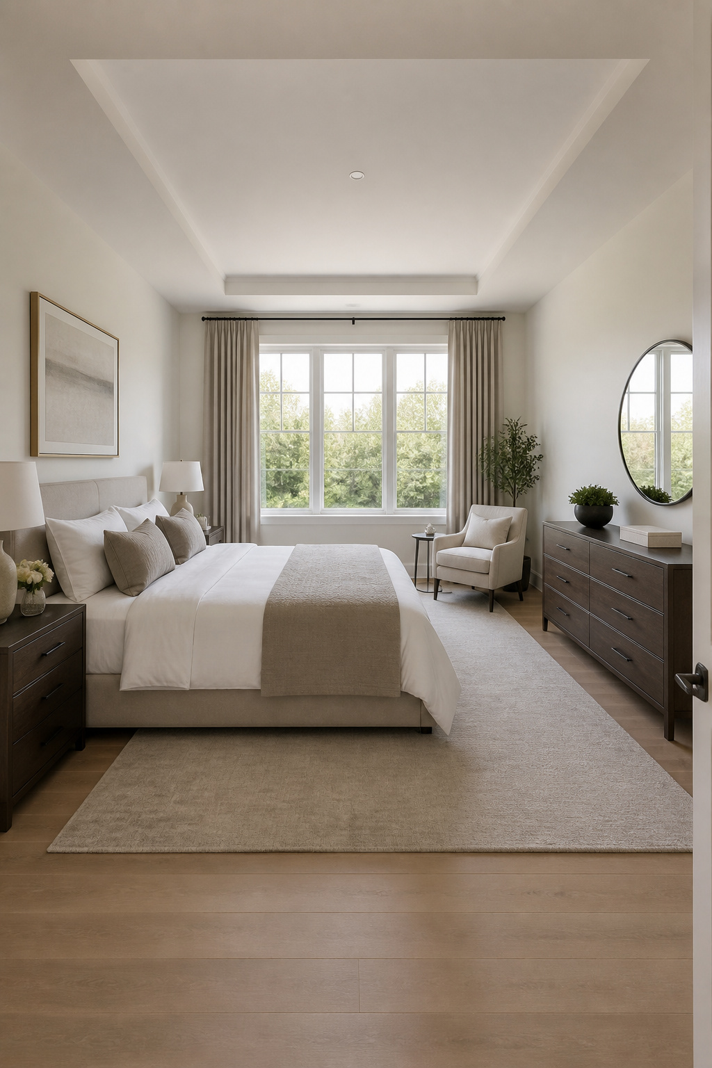 Proportion in practice — a rug extending 20 inches beyond the bed on three sides, furniture relationships calibrated to golden-ratio proportions, the room's balance visible from the doorway.