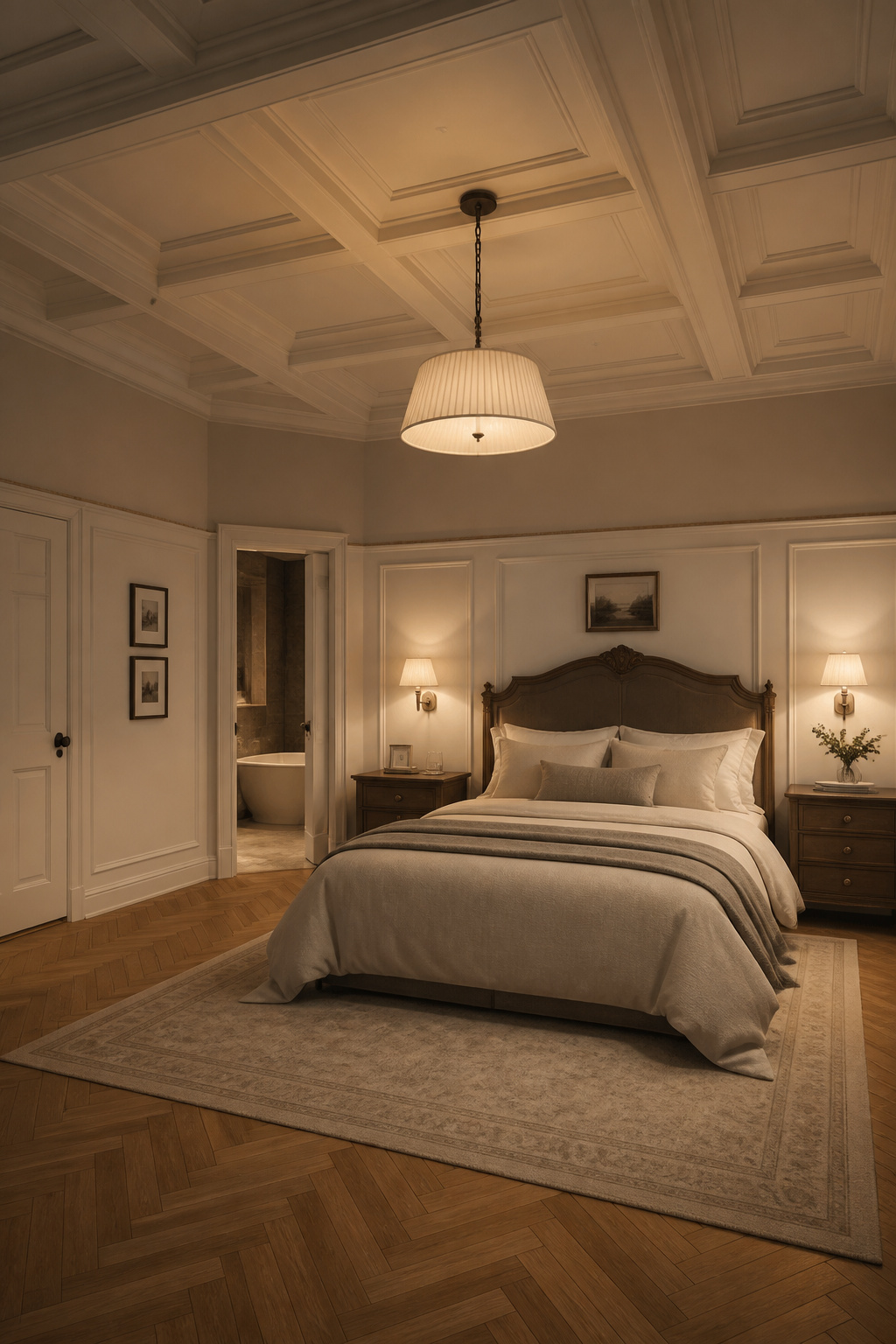 Coffered ceilings, wall panelling, and a precisely sized area rug create the nested frames that define a genuinely designed bedroom.
