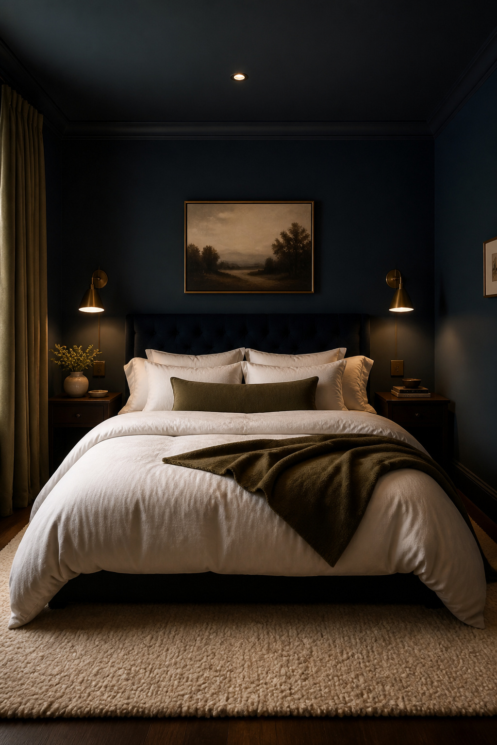 Hague Blue with its warm green-blue undertone creates an enveloping, cocooning quality in bedrooms — especially effective in rooms that receive cooler north light.