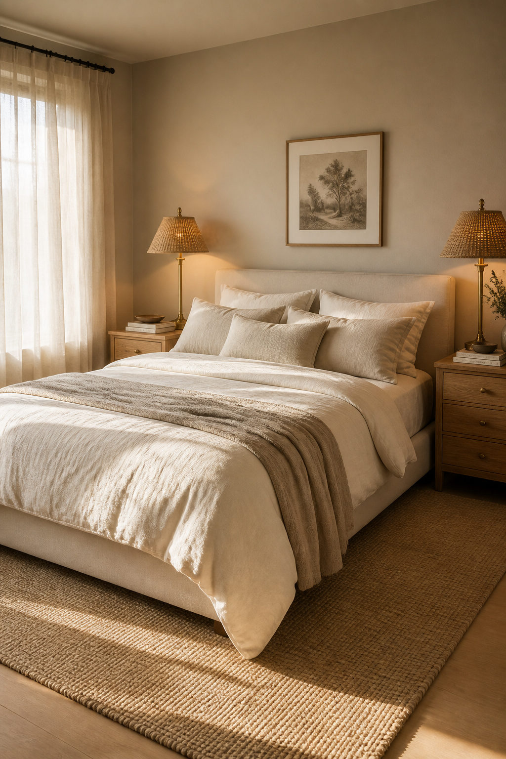 Warm greige walls layered with ivory linen and natural textiles — the palette combination that consistently ages best in residential bedrooms.