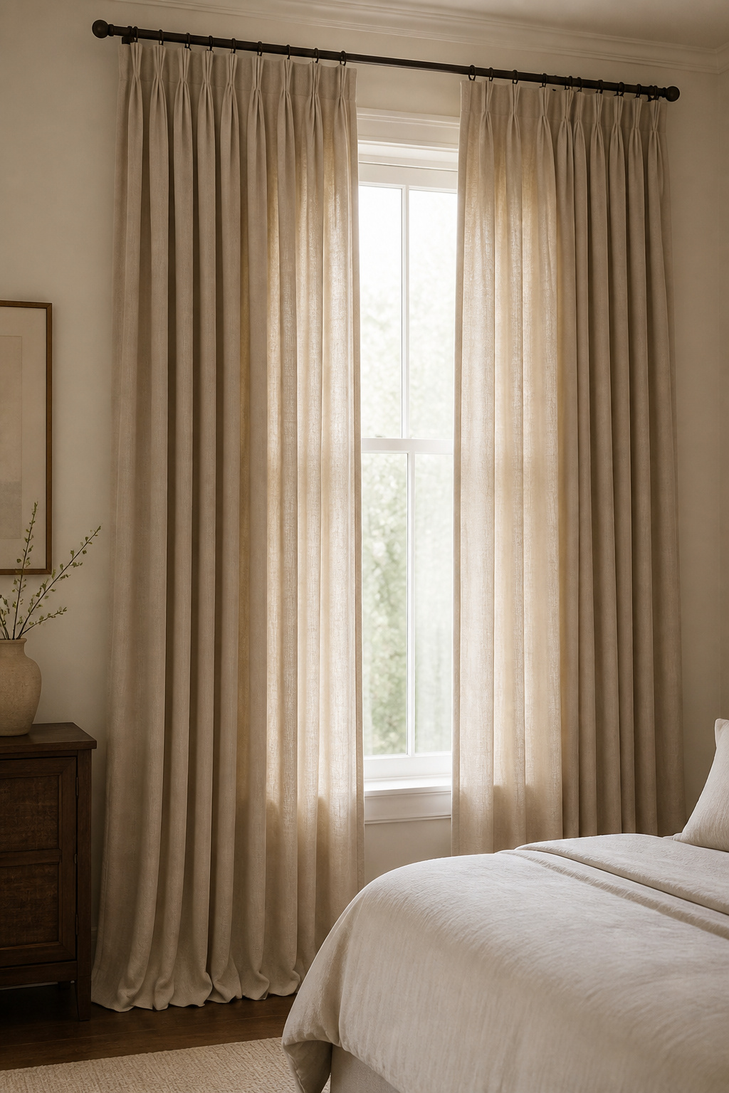 A pole mounted at ceiling height, extending 10 inches beyond the window frame, with pinch-pleat panels pooling slightly — the installation spec that transforms window treatment from functional to architectural.