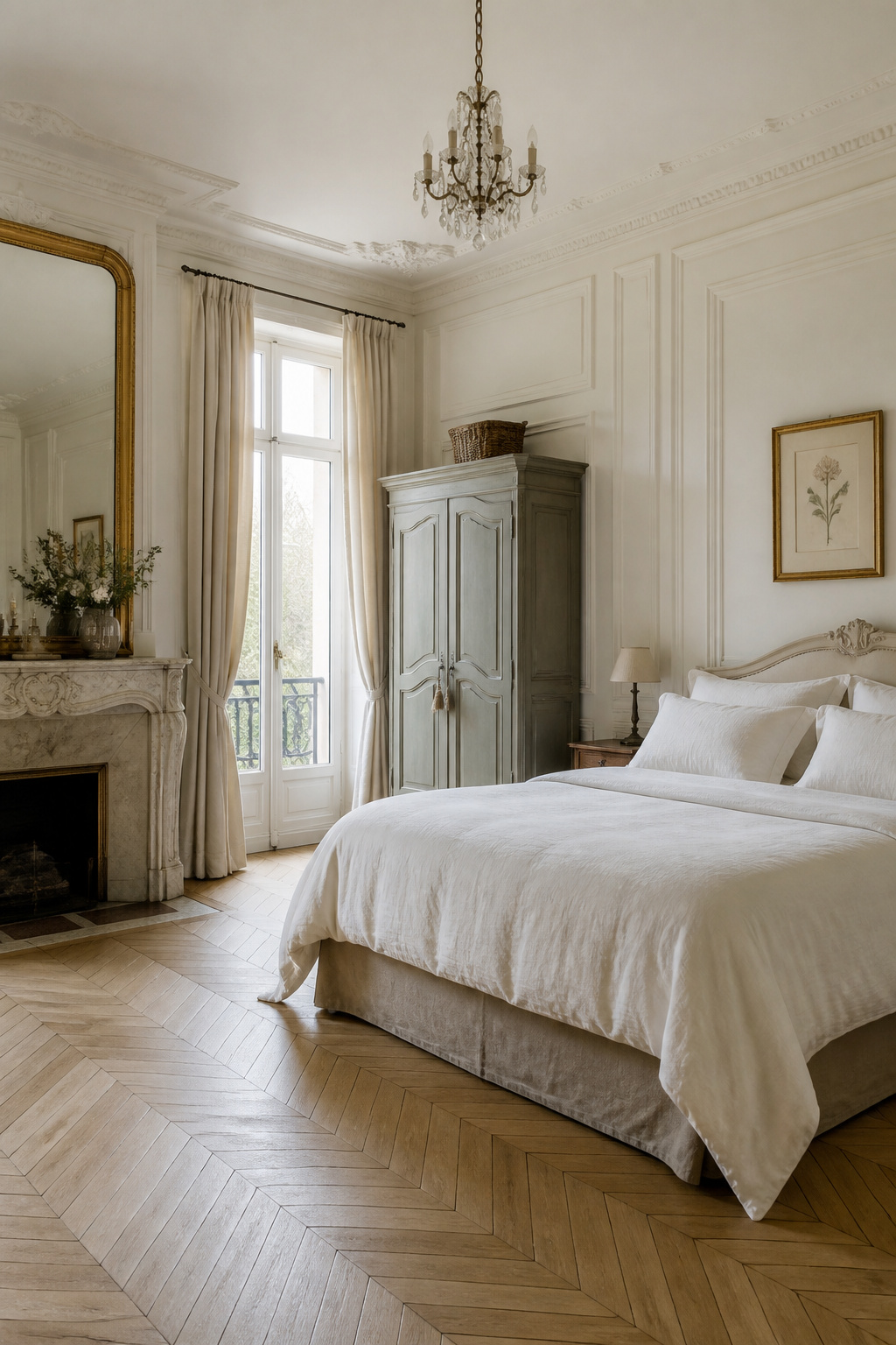French boiserie panelling, herringbone parquet, and a few carefully chosen pieces — the European bedroom philosophy distilled to its essentials.