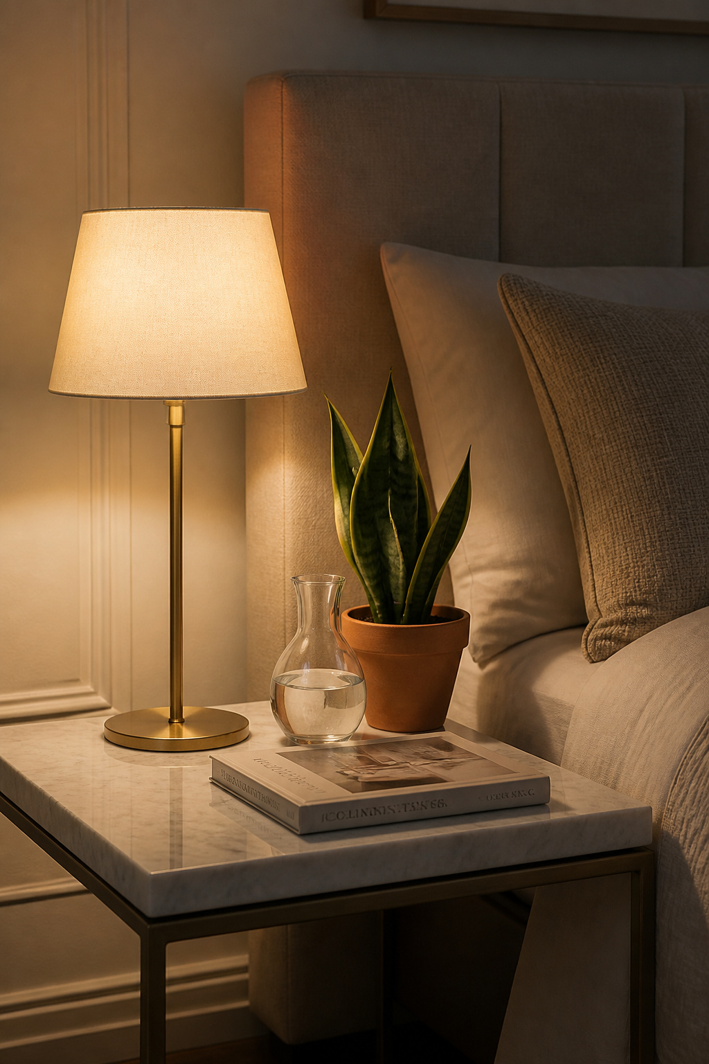 A nightstand edited to five essential objects — lamp, book, carafe, plant, and a single personal item — reads as composed rather than as a landing zone.