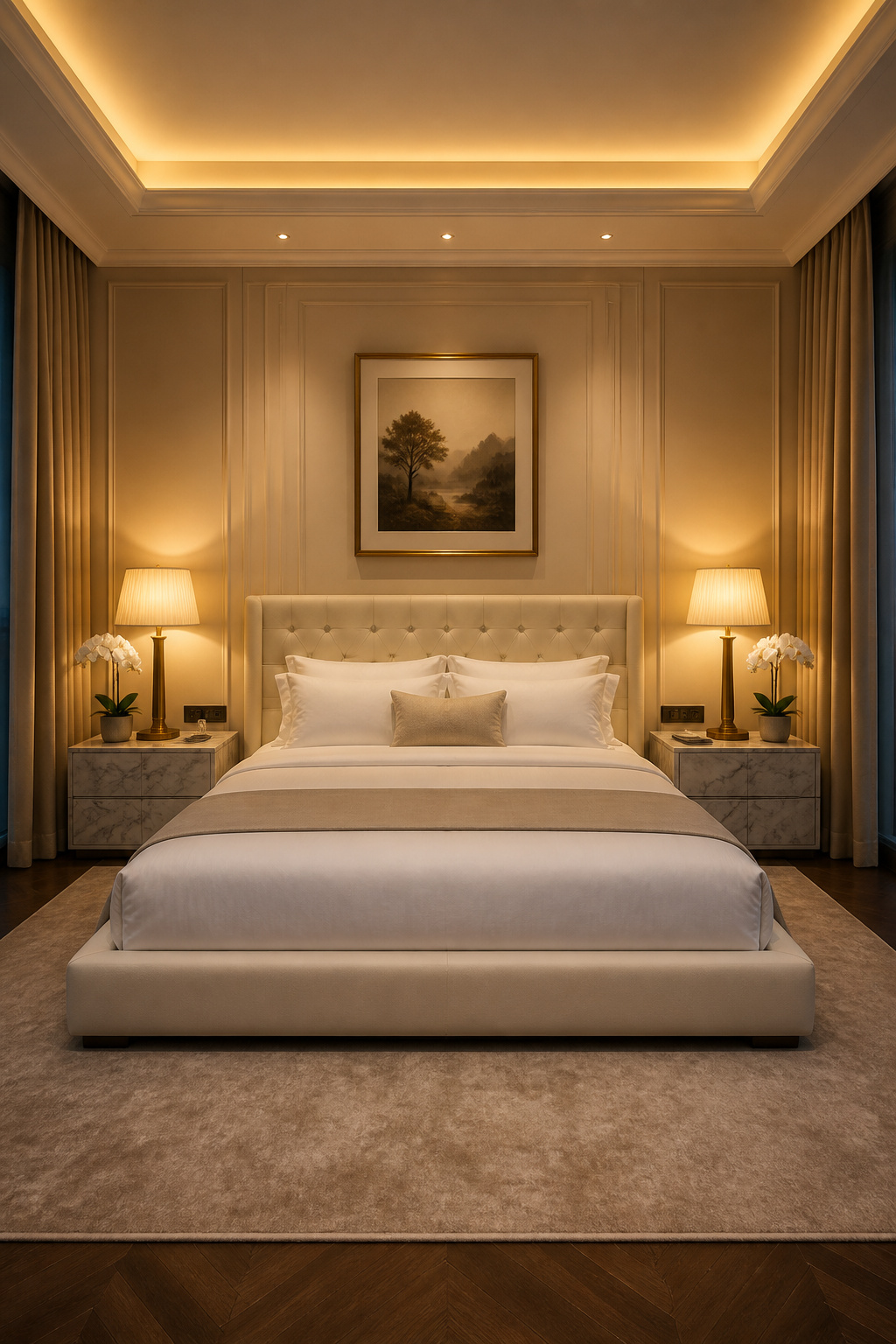 Bilateral symmetry at the bedside — matching nightstands, identical lamps, aligned heights — is the single hotel design principle most worth importing into residential bedrooms.
