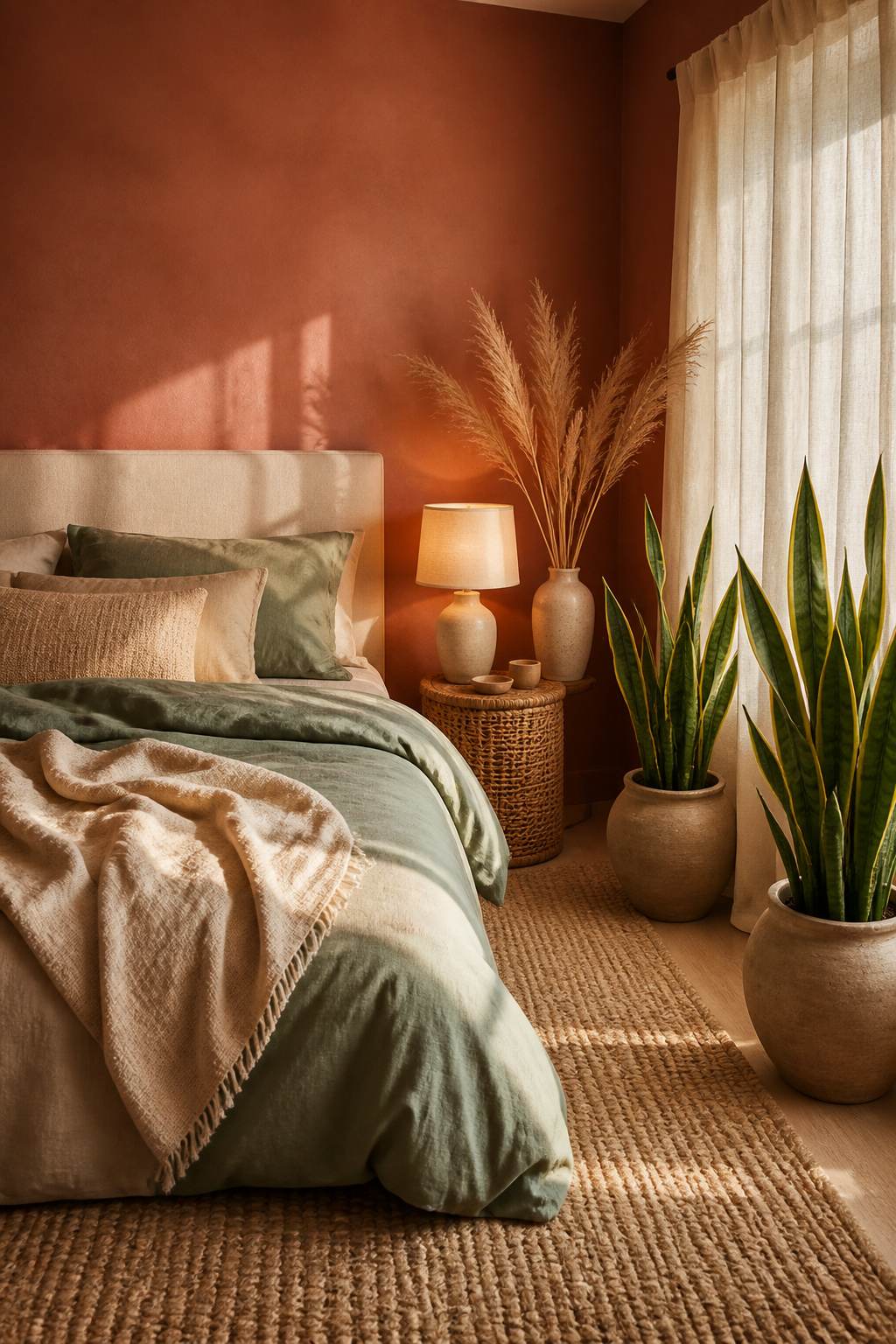 Clay-painted walls with mineral complexity, natural linen textiles, and living plants at the window — the biophilic bedroom palette that measurably supports rest.