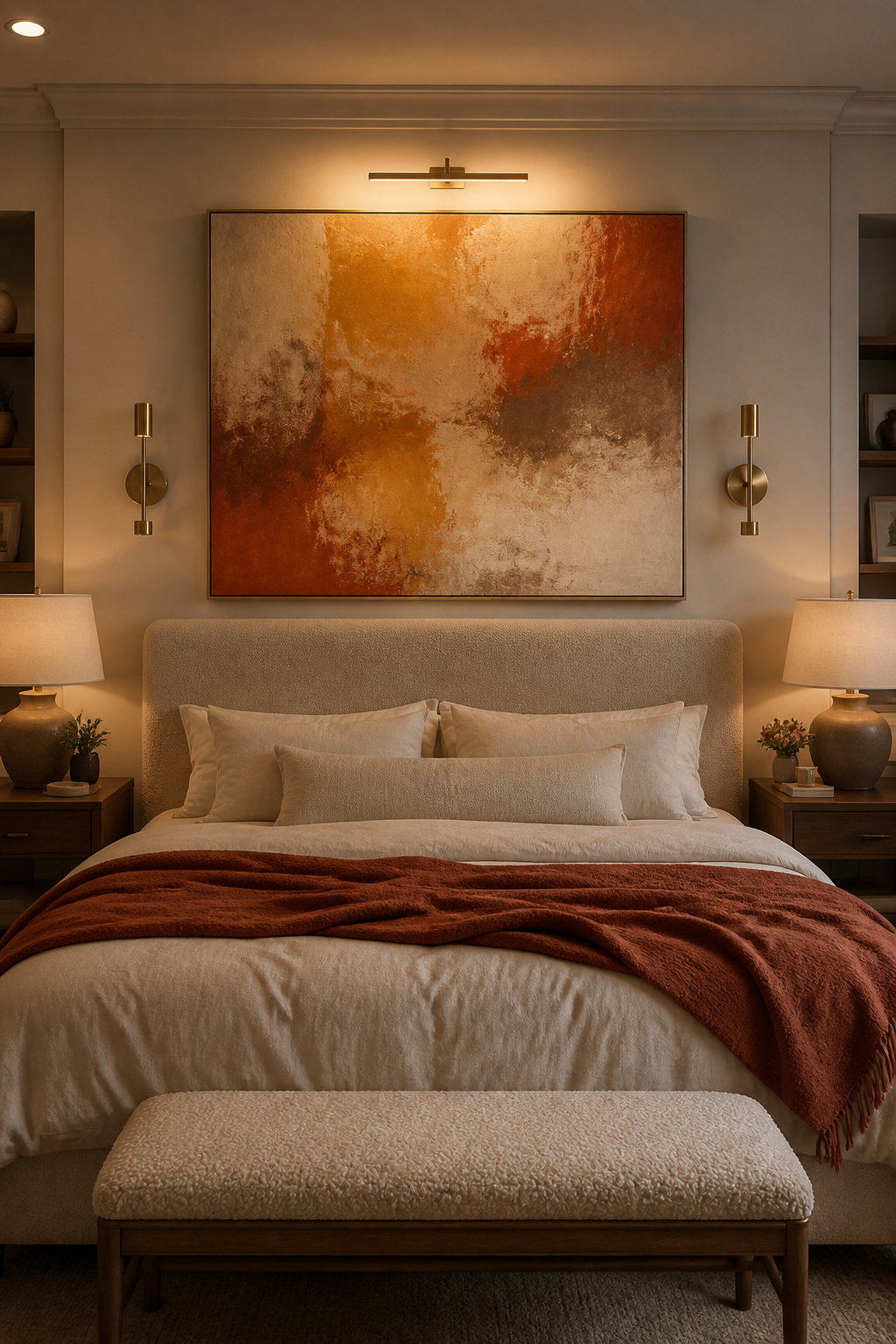 A large-scale artwork hung at the gallery-standard 57-inch centre height, with its bottom edge 7 inches above the headboard, anchors the room without crowding the bed.