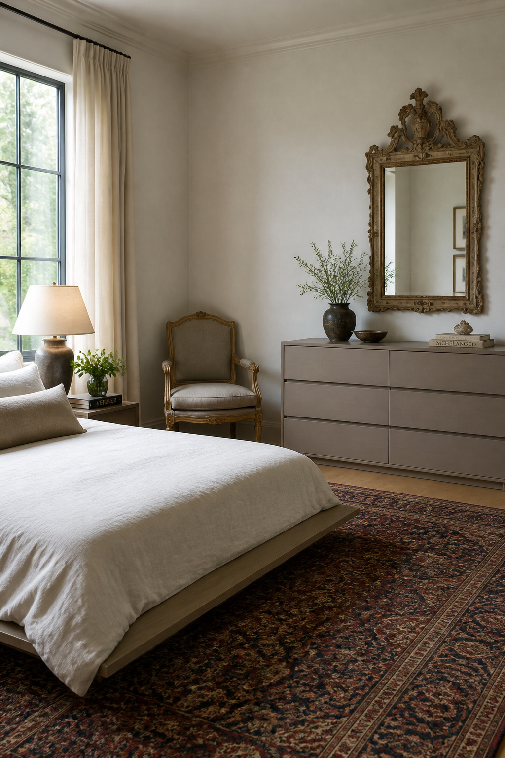 The 70/30 principle in practice — a contemporary base with a Gustavian armchair and carved antique mirror providing the depth that all-new rooms cannot achieve.