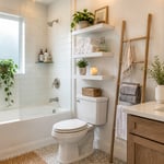 A bright, organized small bathroom showing multiple shelving solutions — floating shelves, a bamboo ladder shelf, and corner shower shelf — demonstrating how vertical storage transforms everyday bathroom spaces.