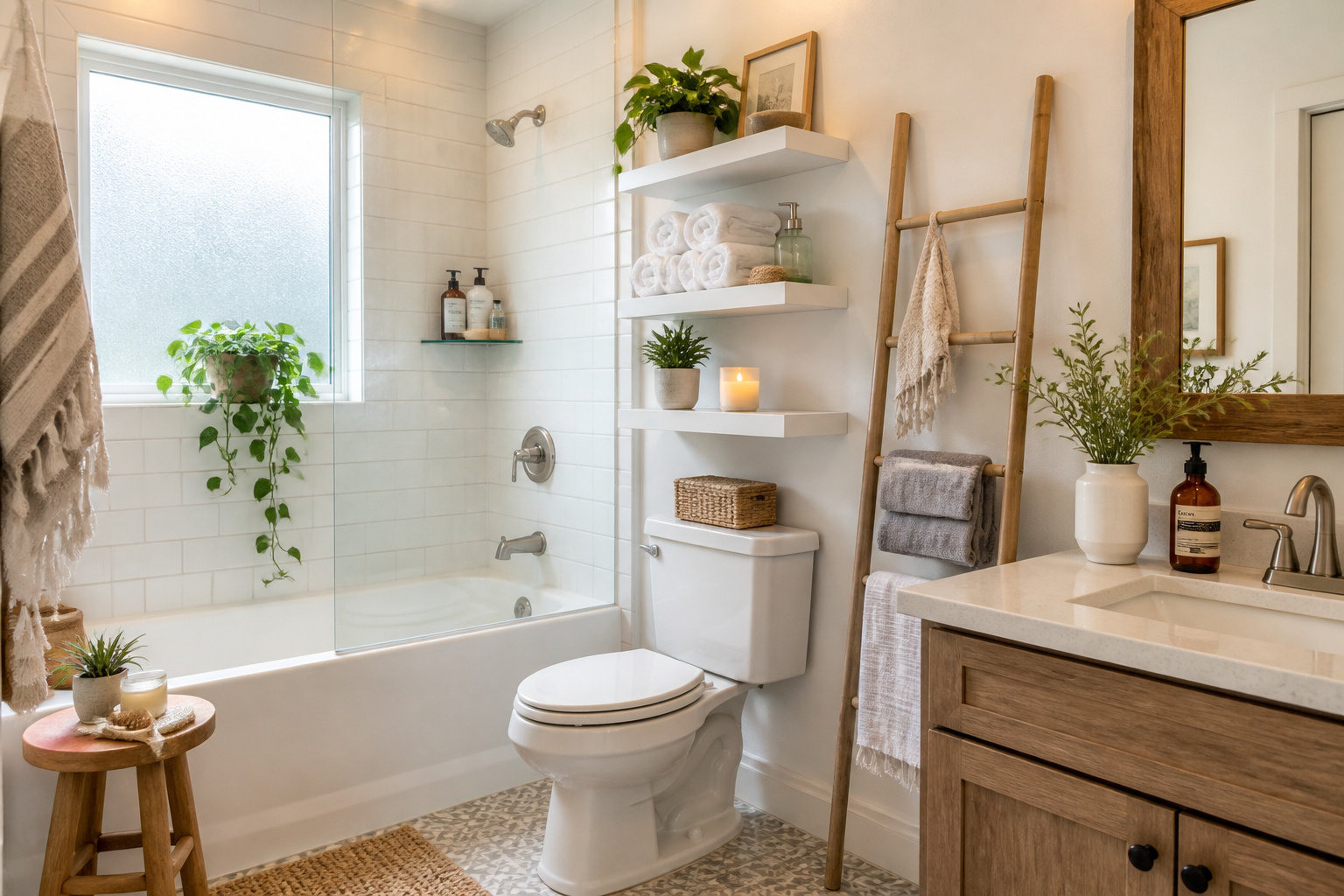 A bright, organized small bathroom showing multiple shelving solutions — floating shelves, a bamboo ladder shelf, and corner shower shelf — demonstrating how vertical storage transforms everyday bathroom spaces.