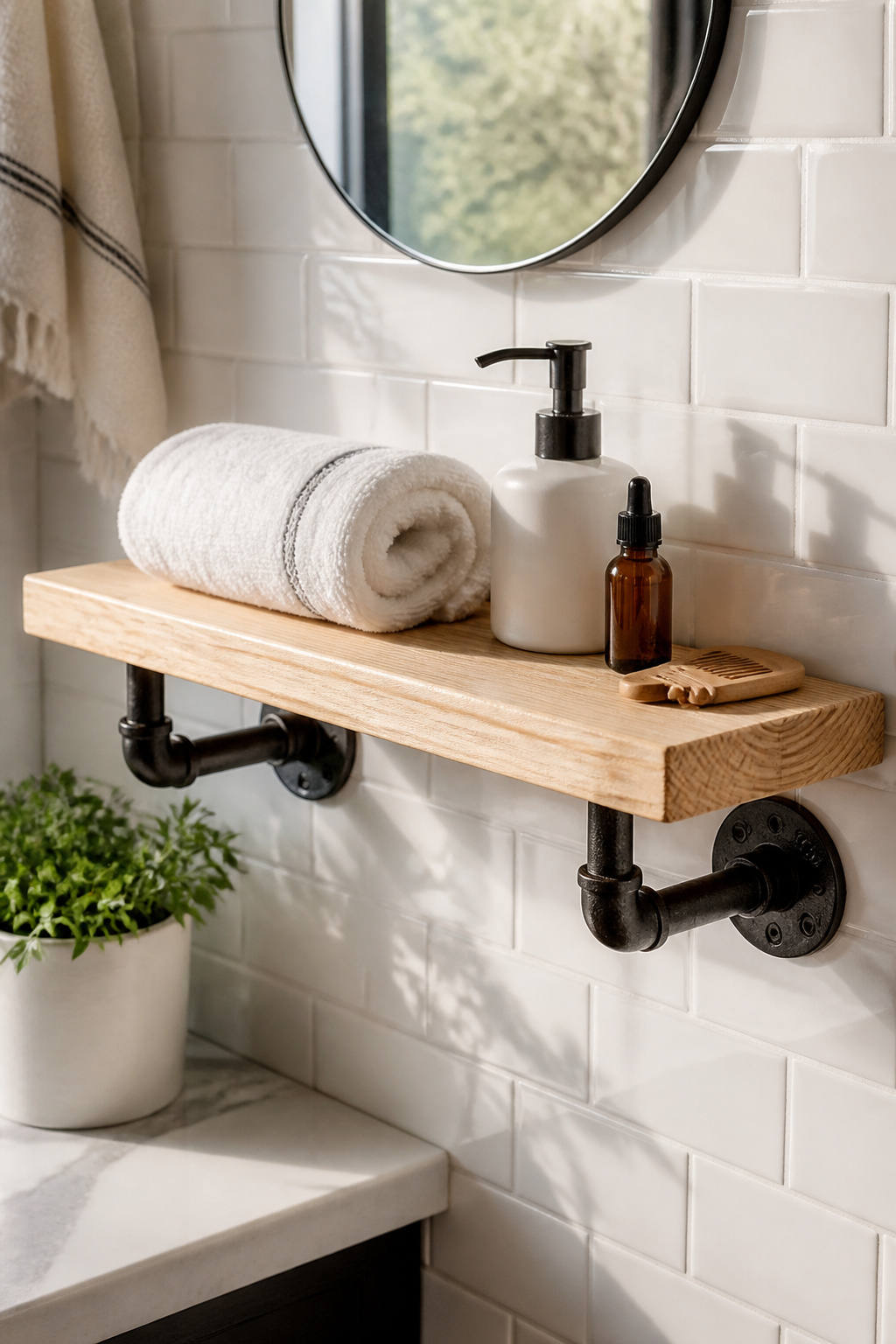 A DIY pipe-and-pine bathroom shelf with black iron flanges and elbows as brackets delivers an industrial character that looks custom-built — and costs under $55 in materials from the hardware store.