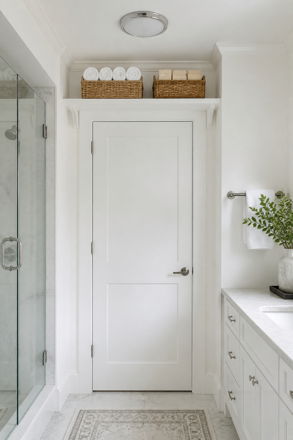 A white shelf mounted just above the bathroom door frame holds two wicker baskets with spare towels and supplies — making use of a storage zone most bathrooms completely ignore.