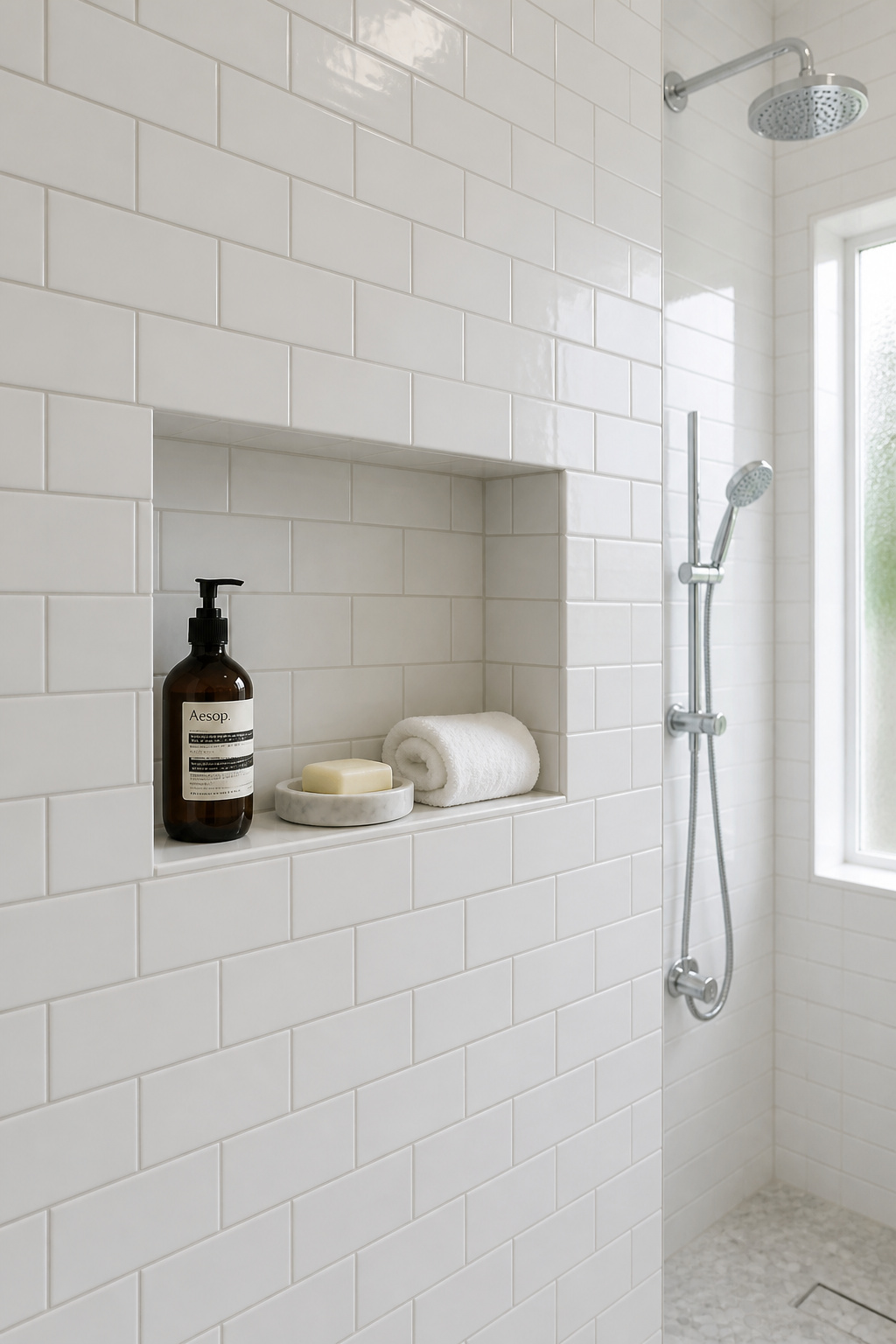 A tile-integrated shower niche holds shampoo, soap, and a rolled washcloth flush with the surrounding subway tile — the kind of built-in detail that makes a bathroom look custom-designed.